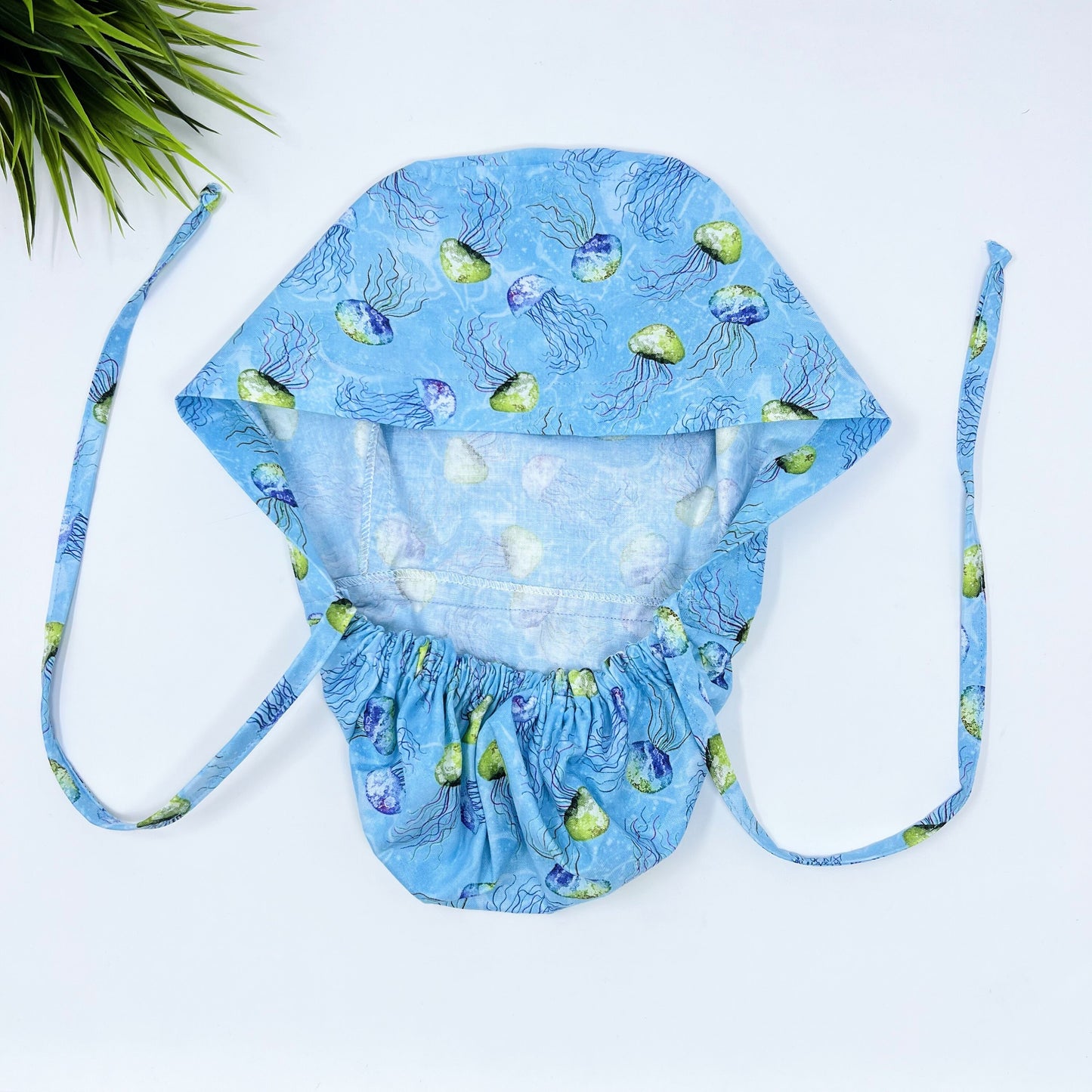 Jellyfish Ponytail scrub cap, Surgical cap women. Satin Lined Option Surgical cap with ponytail.