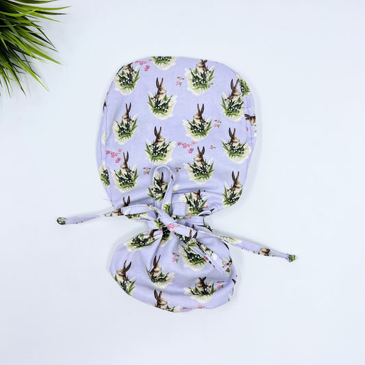 Easter Ponytail Scrub Cap for Women, Bunnies - Lilac Surgical cap with ponytail. Satin Lined Option