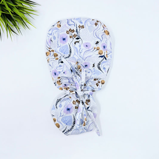 Busy Bees Ponytail scrub cap, Surgical cap women. Satin Lined Option Surgical cap with ponytail.