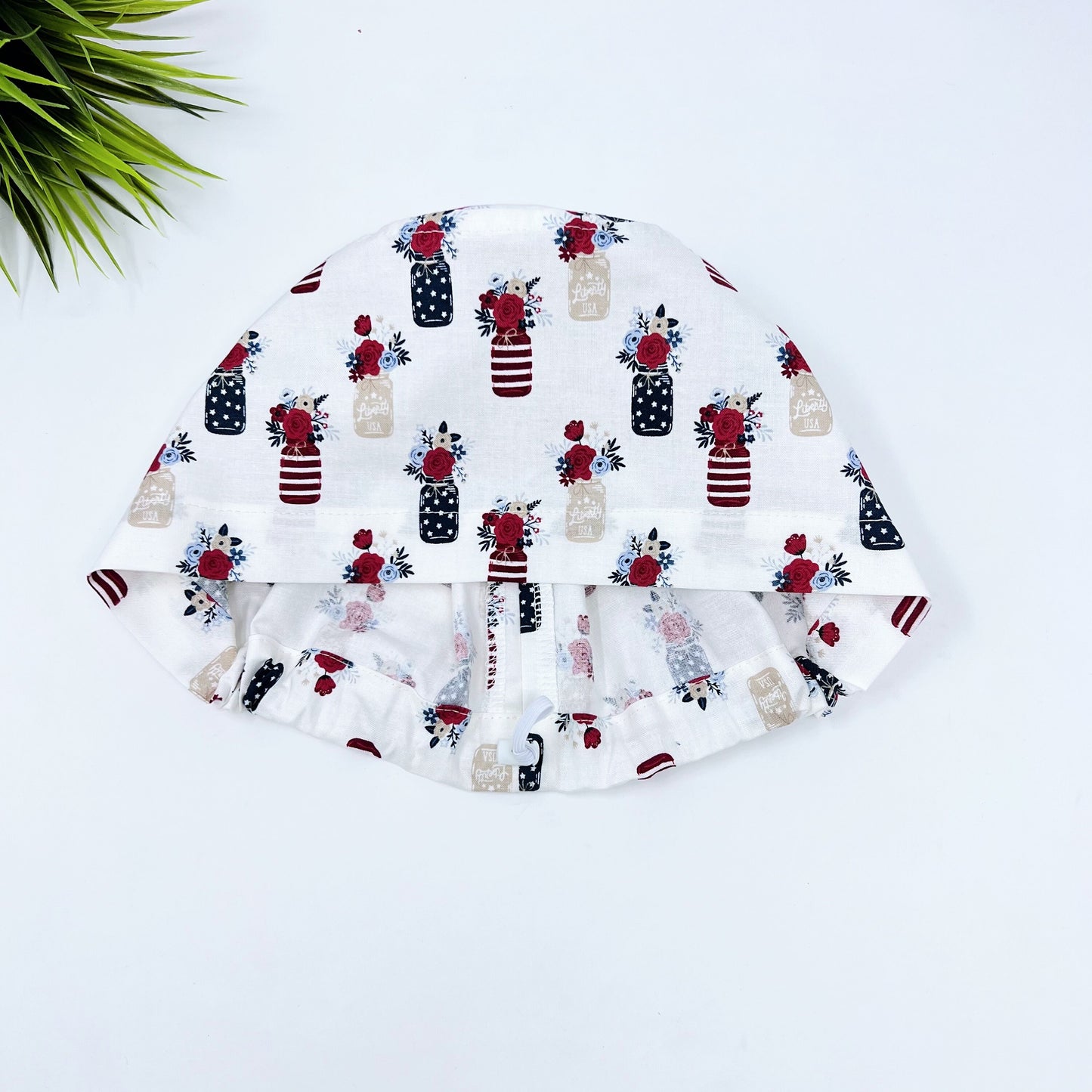 Red, White and True Vases Euro Scrub Cap for Women, 4th of July Surgical cap with Satin Lined Option