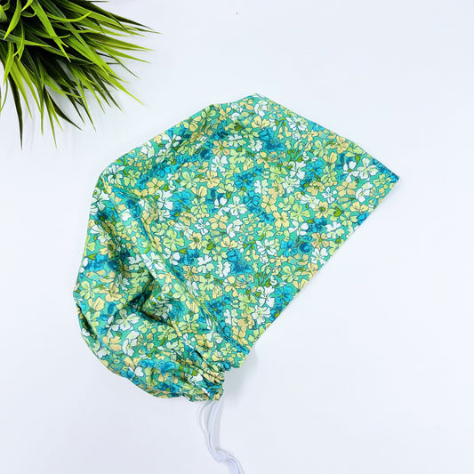 Floral Euro Scrub Cap for Women, Aqua Flora Surgical cap Satin Lined Option