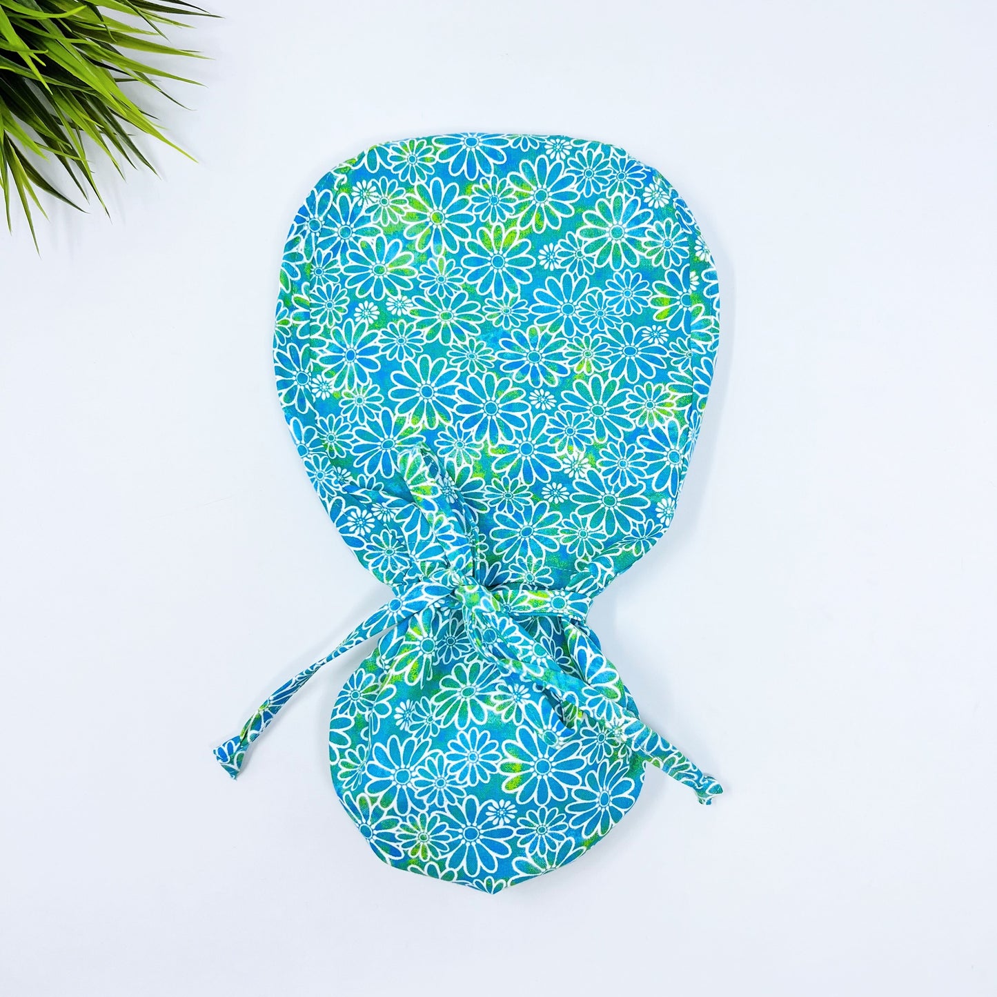 Daisy Delight Ponytail scrub cap, Surgical cap women. Satin Lined Option Surgical cap with ponytail.