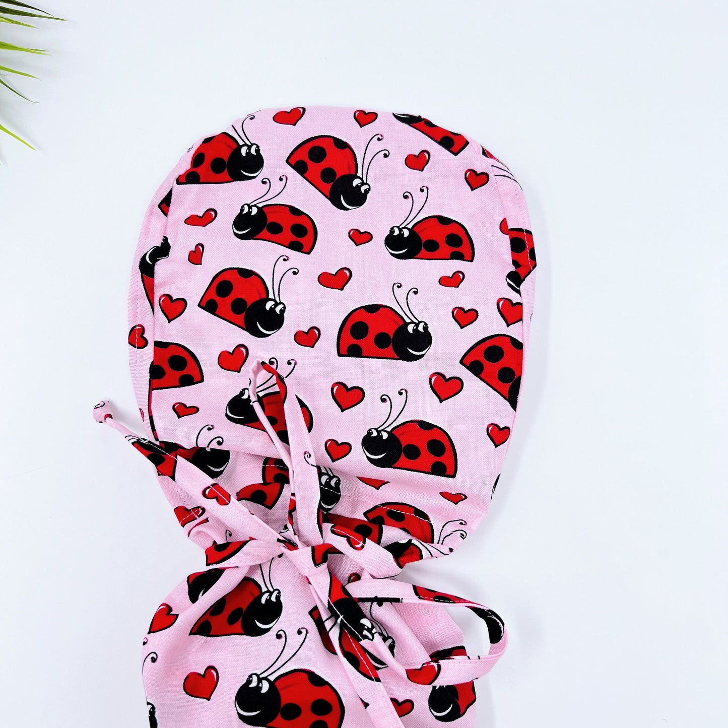 Ladybugs Ponytail scrub cap, Surgical cap women. Satin Lined Option Surgical cap with ponytail.