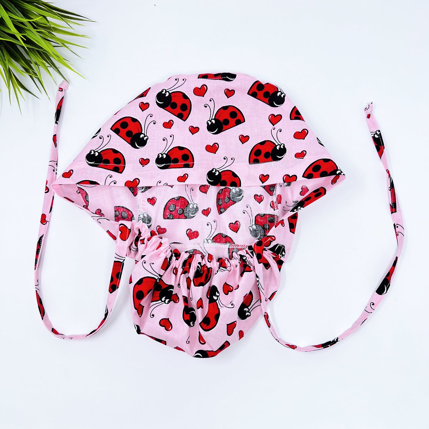 Ladybugs Ponytail scrub cap, Surgical cap women. Satin Lined Option Surgical cap with ponytail.