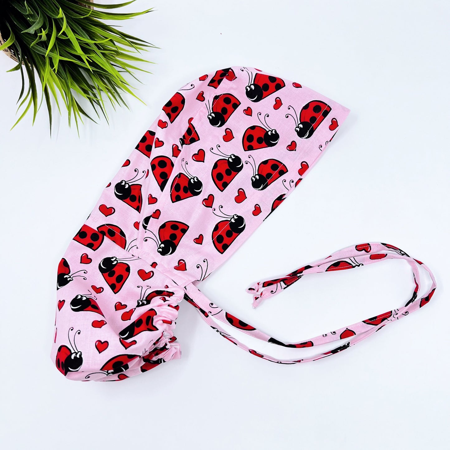 Ladybugs Ponytail scrub cap, Surgical cap women. Satin Lined Option Surgical cap with ponytail.