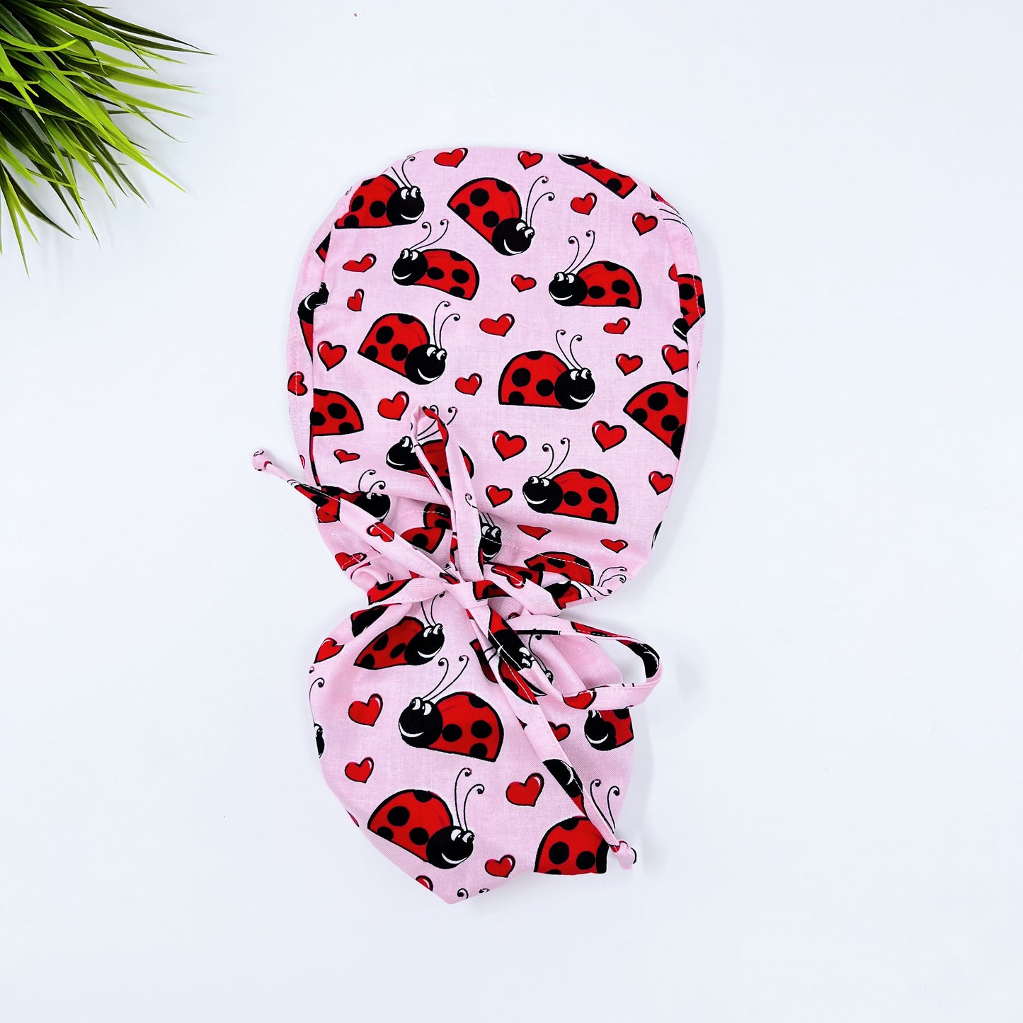 Ladybugs Ponytail scrub cap, Surgical cap women. Satin Lined Option Surgical cap with ponytail.